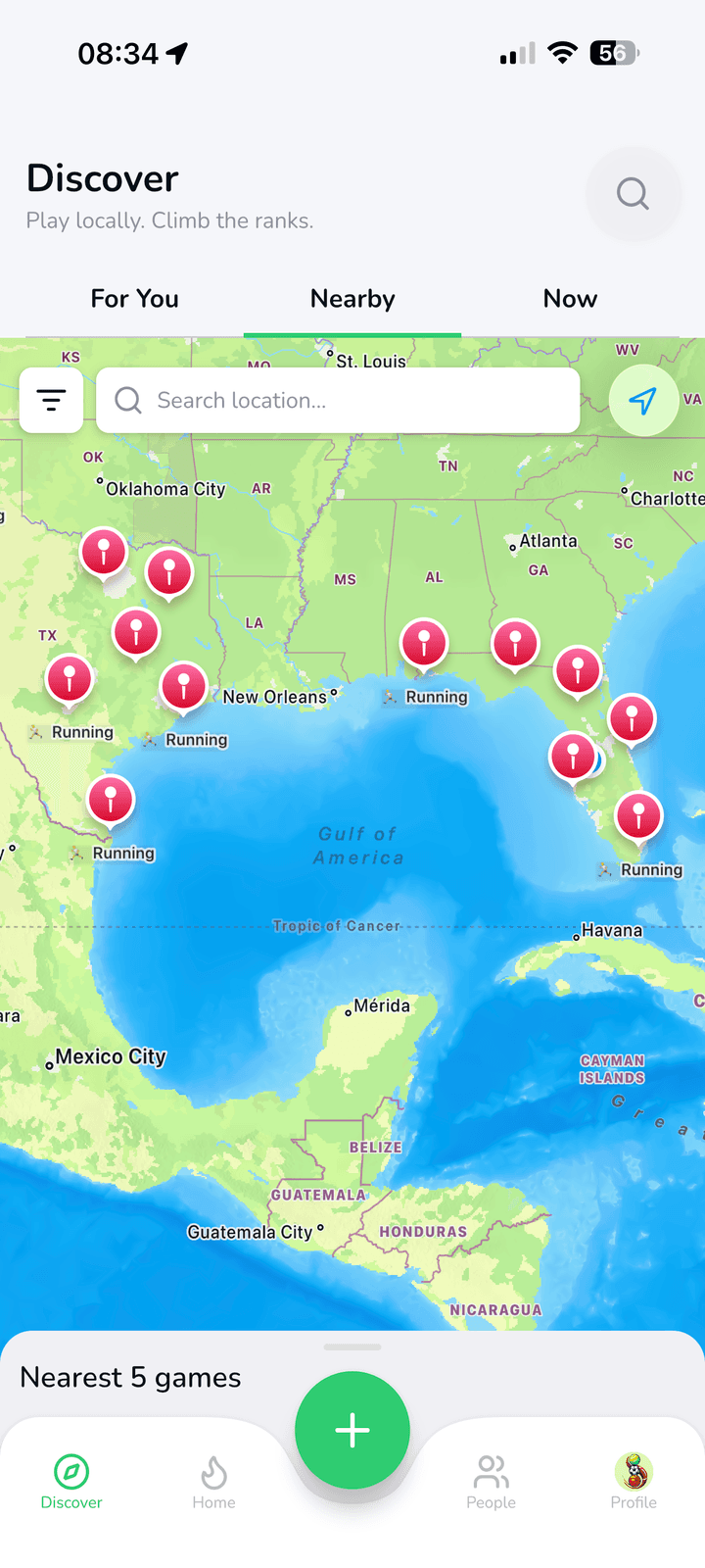 The SpoVote Discover screen showing a calendar of local pickup games, leagues, and meetups to join