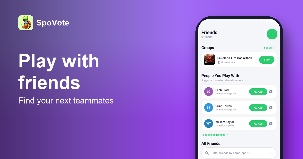 The SpoVote app showing friends and groups you play with