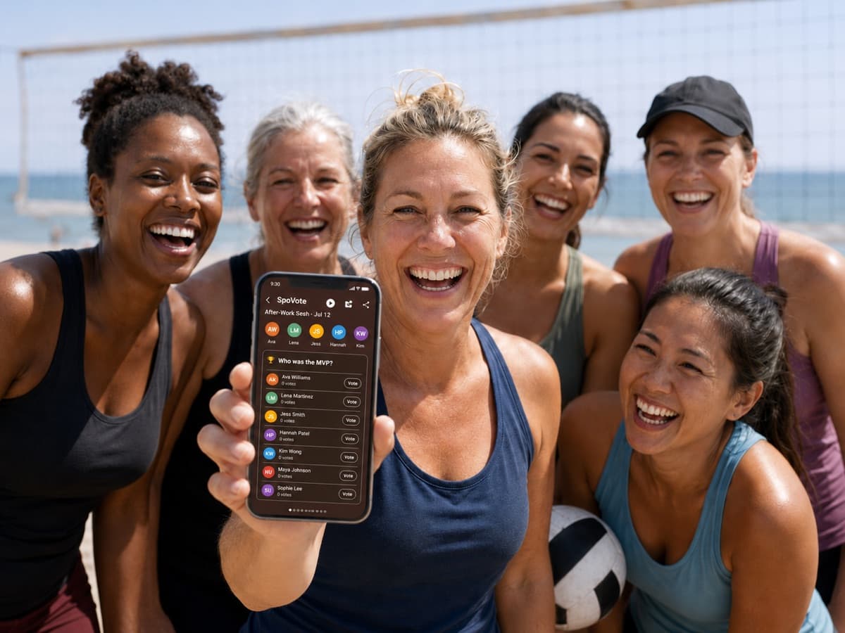 Group of women of different ages and ethnicities at the beach holding an iPhone showing the SpoVote MVP vote screen